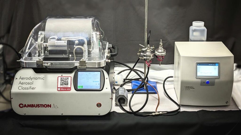 Figure 3: Experimental setup for determining MPPS of flat sheet media samples. Photo courtesy of Simon Payne