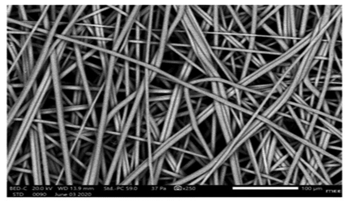 Figure 14. 250x magnification of the smooth, continuous fibers made from the Jabil blend of Ingeo PLA and acrylic.