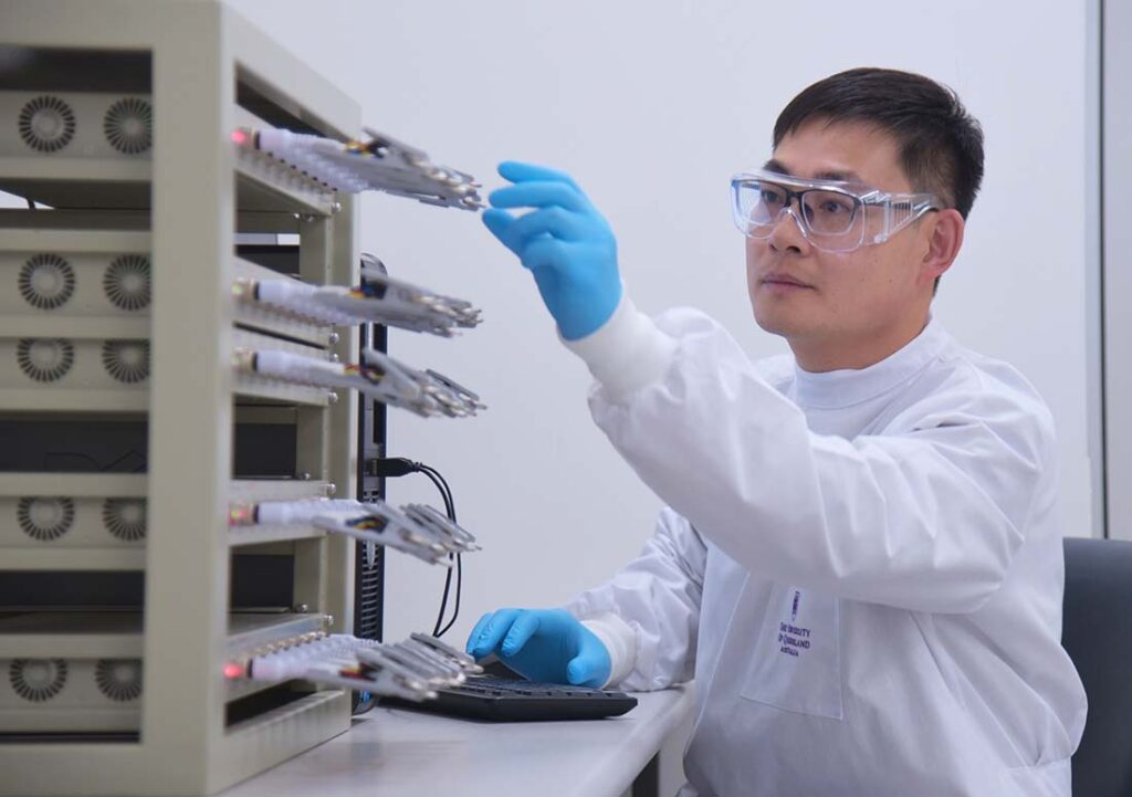 Polymer chemist Dr. Cheng Zhang at the University of Queensland doing research on PFAS chemicals for use in better battery technology. Photo courtesy of The University of Queensland